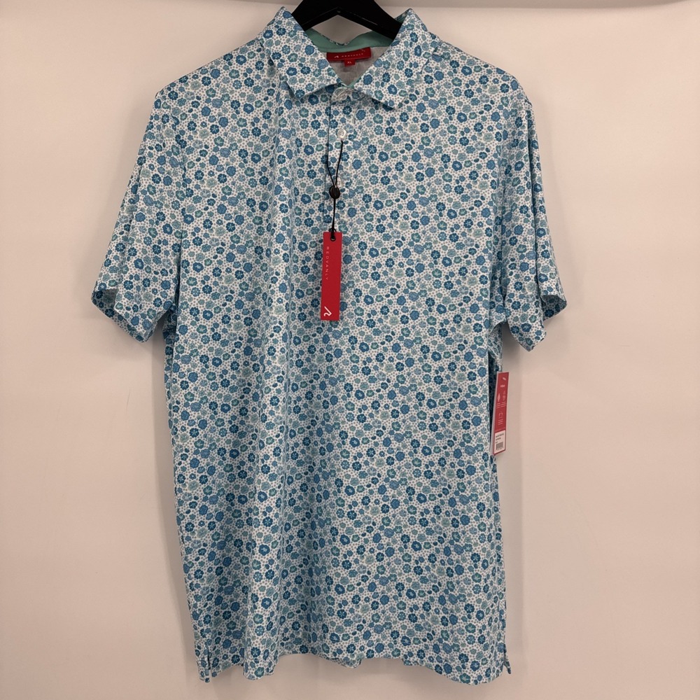 REDVANLY Men's XL S/S Performance POLO‎ GOLF Shirt Blue Bold Floral Design NWT